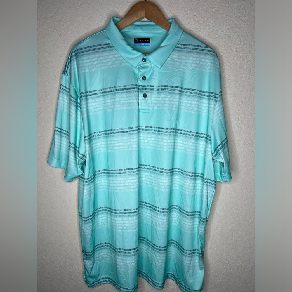 PGA Tour Polo Shirt Mens Size XXL 2XL Turquoise Striped Golf Preppy Polyester